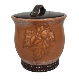 Woolrich Ceramic Pottery Jar Canister with Lid Glazed Leaf Design by Chatham Run